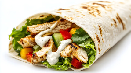 Close up of freshly made chicken wrap with vegetables and sauce for culinary inspiration
