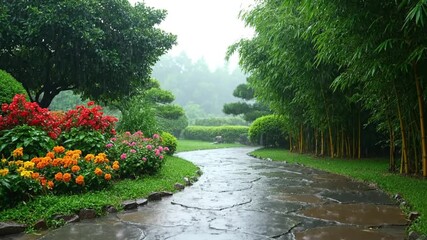 Rain falling softly in serene garden with vibrant flowers and bamboo, creating calming atmosphere
