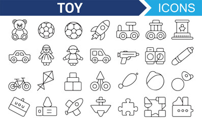 Line Art Icons Set of Classic Toys, Including Dolls, Cars, and Rockets