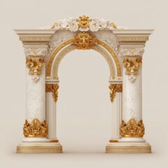Naklejka premium Vibrant photo of golden and white arch with pillars on both sides, decorated with ornaments, against a pure background. the style is realistic vector graphics. it has an.