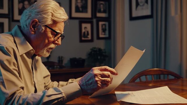 Retired senior man carefully reviewing financial documents, showing concentration and thoughtful analysis at dining table with warm evening lighting and family photos nearby