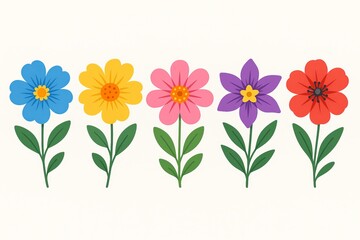 Colorful row of flowers blue yellow pink red Artistic spring illustration of vibrant blooms in vector set