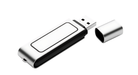 Silver usb flash drive isolated on transparent background, a portable storage device for data transfer and backup, essential for modern digital life and office use