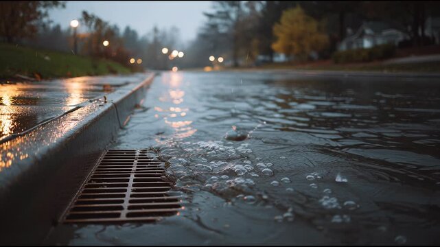 Water flows into a storm drain on a rainy day. Drainage system on a street for environmental protection and urban infrastructure footage.