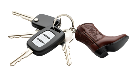 Car keys with a cowboy boot keychain, symbolizing travel and ownership, isolated on transparent background