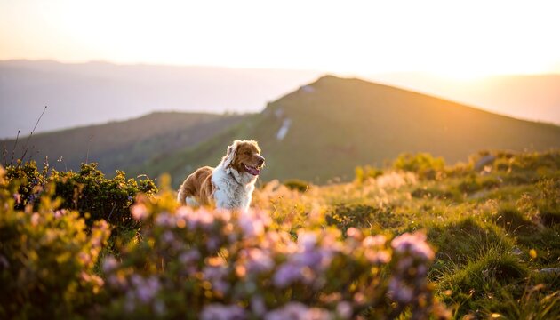 Dog standing on mountaintop at sunset - Powered by Adobe