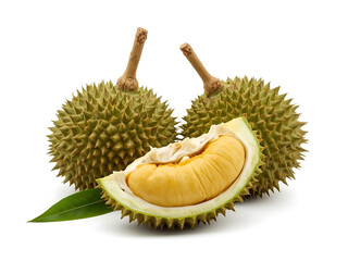 Obraz premium Whole and Halved Durian Fruit with Spiky Shell and Creamy Yellow Flesh on White Background