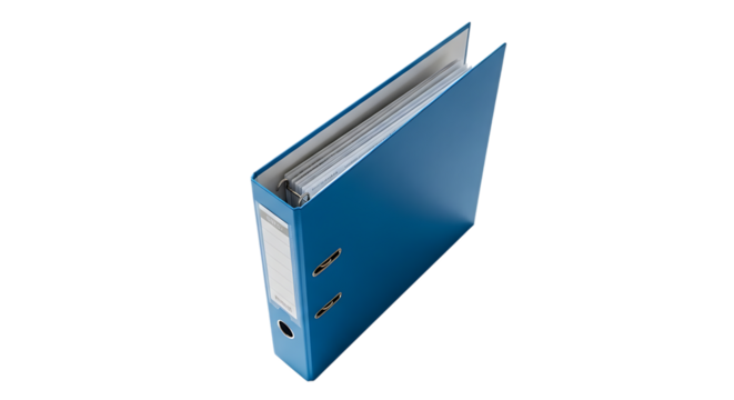 Blue ring binder for document organization isolated on transparent background, essential for office, school, and business use, providing efficient storage and management of papers and files