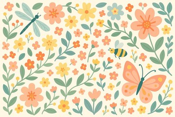 Floral background and banner with pastel flowers dragonfly butterfly and bee Folk geometric vector illustration