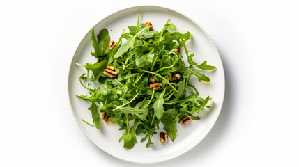 Flat lay of a dandelion green salad with toasted hazelnuts and a