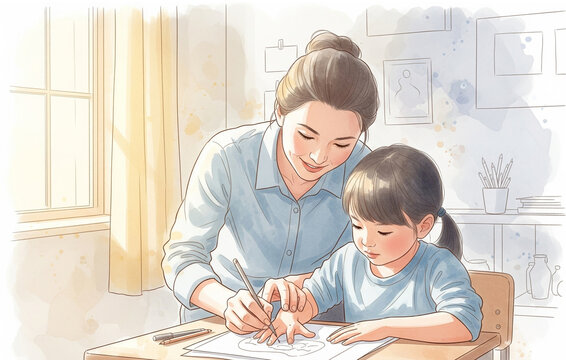 A digital watercolor painting of a teacher guiding a child’s hand to draw, with soft pastel tones/ teacher day poster/minimalistic
