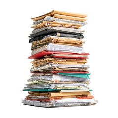 Tall stack of assorted papers and documents isolated on transparent background