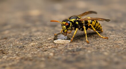 Wasp drinking water droplet macro close-up. Insect dehydration and thirst. Nature and wildlife conservation concept for educational use.