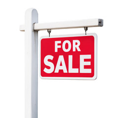Classic red for sale sign attached to a white post isolated on transparent background