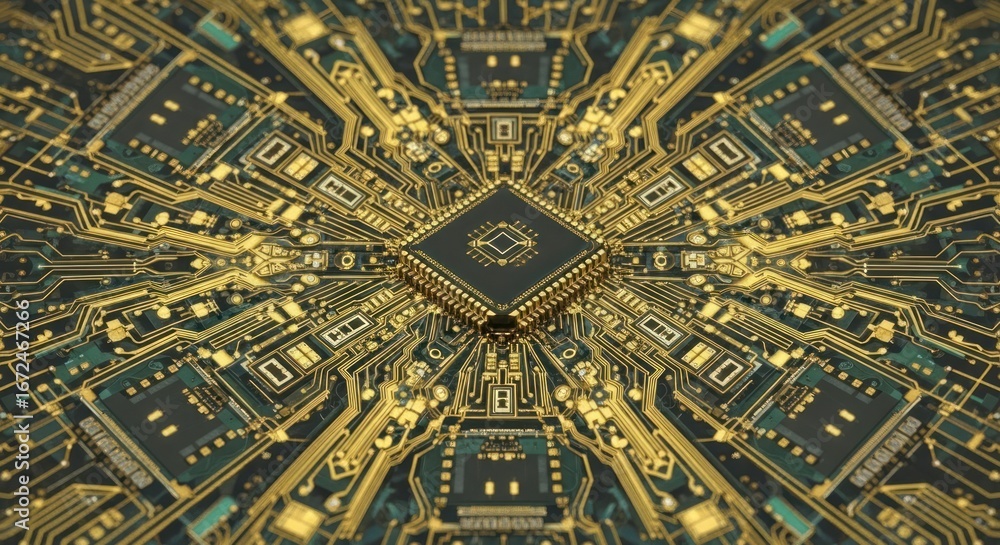 Poster a detailed, symmetrical image of a circuit board with a central processor chip, showcasing intricate
