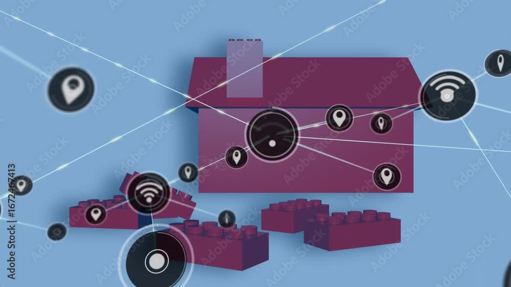 Poster animation of network of connections with icons over house model