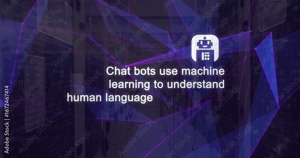 Aufkleber animation of ai icons and data processing over computer servers
