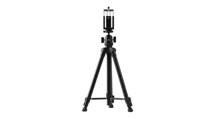Black tripod stand for camera or smartphone isolated on transparent background, providing stable support for photography, video recording, and adjustable height