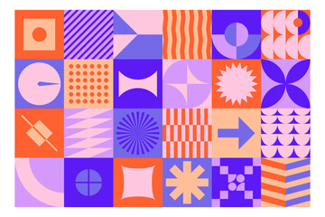 Brutalist geometric shapes. Abstract pattern, primitive blocks swiss banner design, postmodern forms, basic geometry elements bauhaus style. Modern vector set