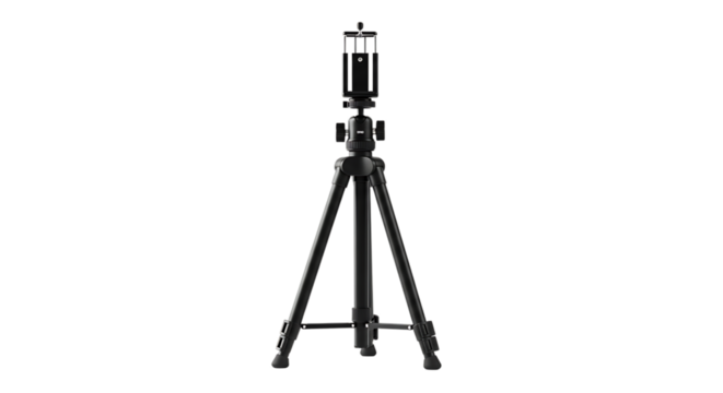 Black tripod stand for camera or smartphone isolated on transparent background, providing stable support for photography, video recording, and adjustable height