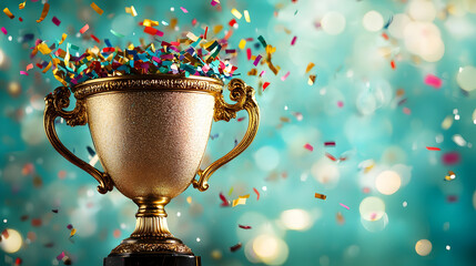 Celebratory golden trophy with ornate handles and falling confetti for award ceremonies
