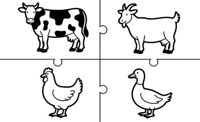 Farm Animals Jigsaw Puzzle: Cow, Goat, Chicken, Duck, Black and White Illustration
