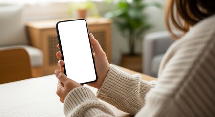 A person holds a mobile phone with a blank screen, viewed from behind, in a home setting.