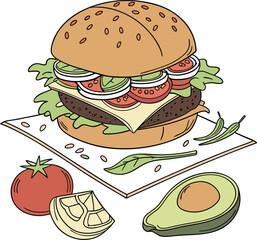 Delicious vegan burger at bustling street food market, best-selling plant-based fast food, trendy outdoor market scene with healthy vegetarian burger, gourmet street food lifestyle concept