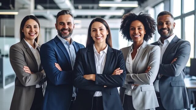 Confident Diverse Business Team Smiling In Modern Office with Success Concept.