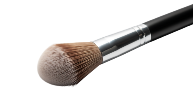 Closeup of a professional makeup brush with silver and black handle, ideal for applying powder and contouring, isolated on transparent background