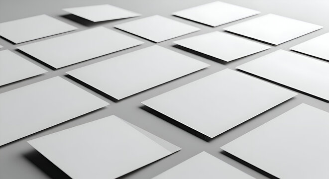 Abstract Composition of White Rectangular Cards Arranged on a Gray Surface.