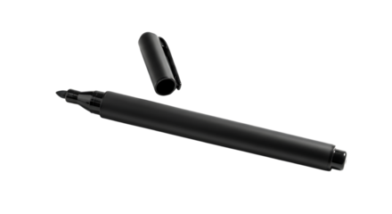 A black marker with its cap off to the side isolated on transparent background, ideal for writing, drawing, and creating bold, permanent marks on surfaces