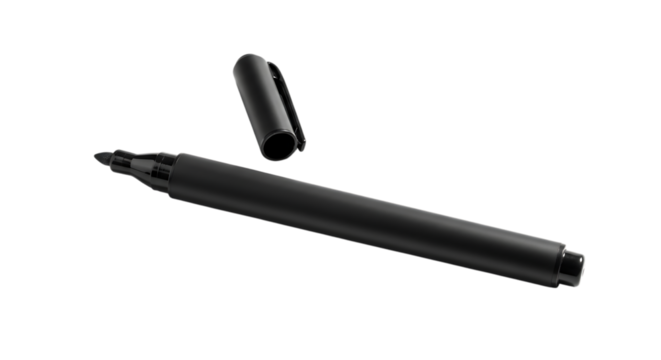 A black marker with its cap off to the side isolated on transparent background, ideal for writing, drawing, and creating bold, permanent marks on surfaces