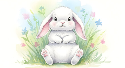 Soft pastel watercolor painting of a fluffy white bunny sitting upright in a flower garden, long pink-eared rabbit with gentle expression, children’s illustration style