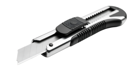 Silver utility knife with retractable blade isolated on transparent background, a sharp and versatile tool for cutting various materials in office or construction