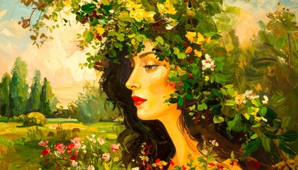 Artistic portrait of a woman adorned with a floral crown in a vibrant landscape scenery