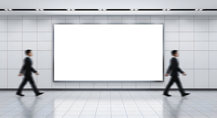 Fototapeta premium Blurred Businessmen Pass Blank Billboard in Modern Subway Station Setting.