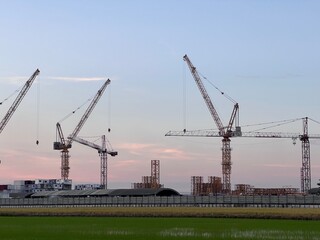 Construction tower cranes on a farm site. Yellow construction tower crane isolated on blue sky with white clouds background and front have farm rice. 