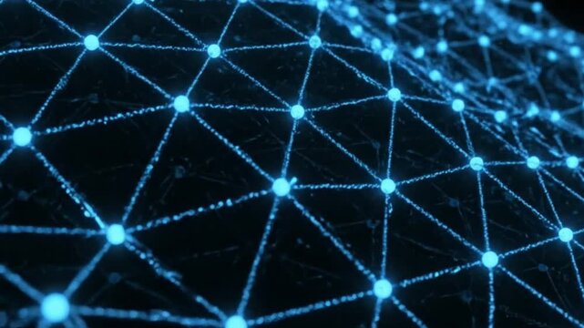 Blue nodes connected by shimmering lines form a dark weblike structure