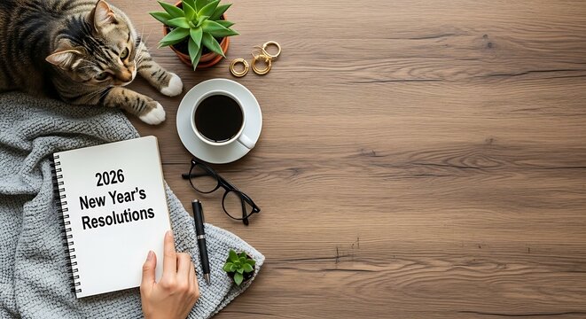 Planning 2026 New Year's Resolutions on a wooden desk with a cat