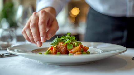 Excellence in Service. close-up shot of a professional-looking hand placing a fresh, beautifully plated dish on a table. The background is a soft-focus, upscale dining environment