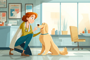 Veterinarian rewarding a golden retriever with a treat after a vaccination in a cheerful clinic setting