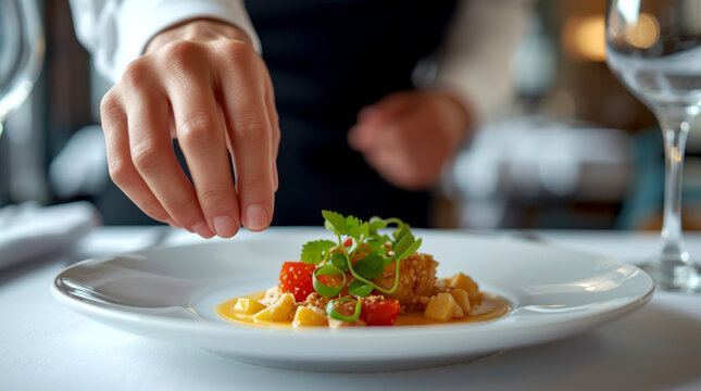 Excellence in Service. close-up shot of a professional-looking hand placing a fresh, beautifully plated dish on a table. The background is a soft-focus, upscale dining environment