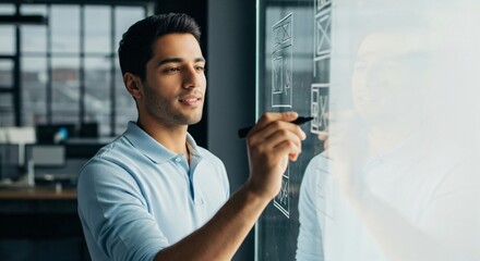 Young man sketching website design on glass wall, brainstorming creative ideas in modern office setting copy space