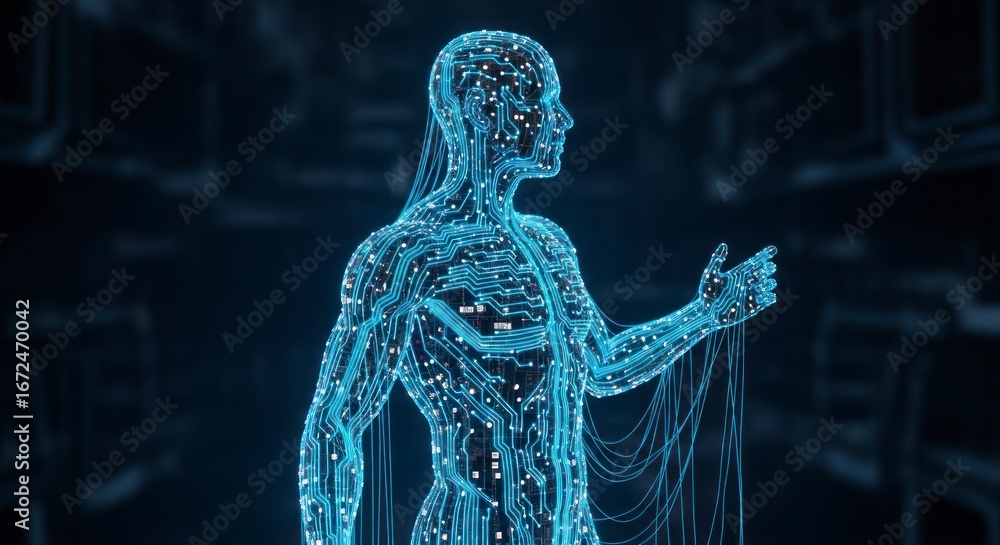 Poster a digital representation of a human figure, showcasing a detailed network of glowing lines and circu
