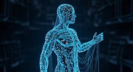 A digital representation of a human figure, showcasing a detailed network of glowing lines and circuits, creating a futuristic and technologically advanced aesthetic.