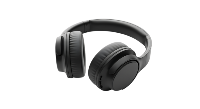 Black wireless headphones isolated on transparent background, offering a sleek design for immersive audio experience and convenient portability, perfect for music lovers and audiophiles