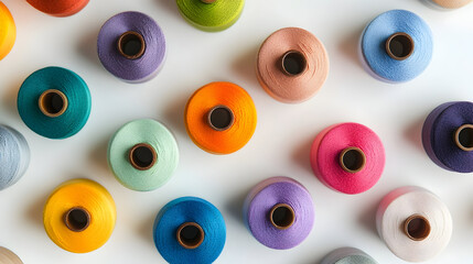 Fototapeta premium Overhead view of colorful sewing threads for creative crafting projects