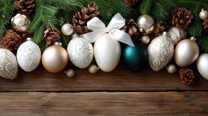Beautifully arranged holiday decorations featuring shiny ornaments and pine cones create a cozy winter atmosphere on a wooden table
