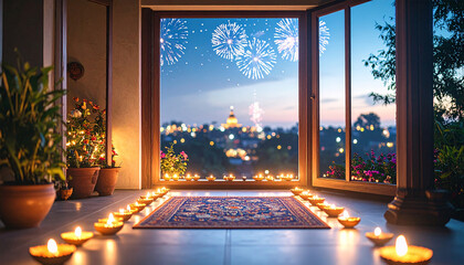 Festive Diwali Pathway Decorated with Rows of Traditional Clay Oil Lamps and Colorful Flowers Leading to Balcony View of Illuminated City Temple and Fireworks in Night Sky Celebration